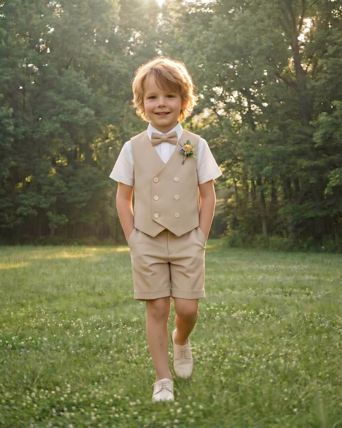 Stylish boy standing with hands in pockets in a forest park, wearing a classic khaki vest and shorts ring bearer outfit.