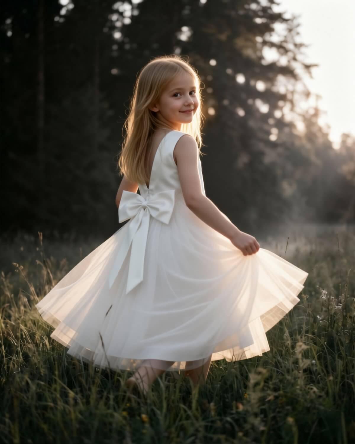 Ivory Satin Flower Girl Dress with Big Bow Little Ivory