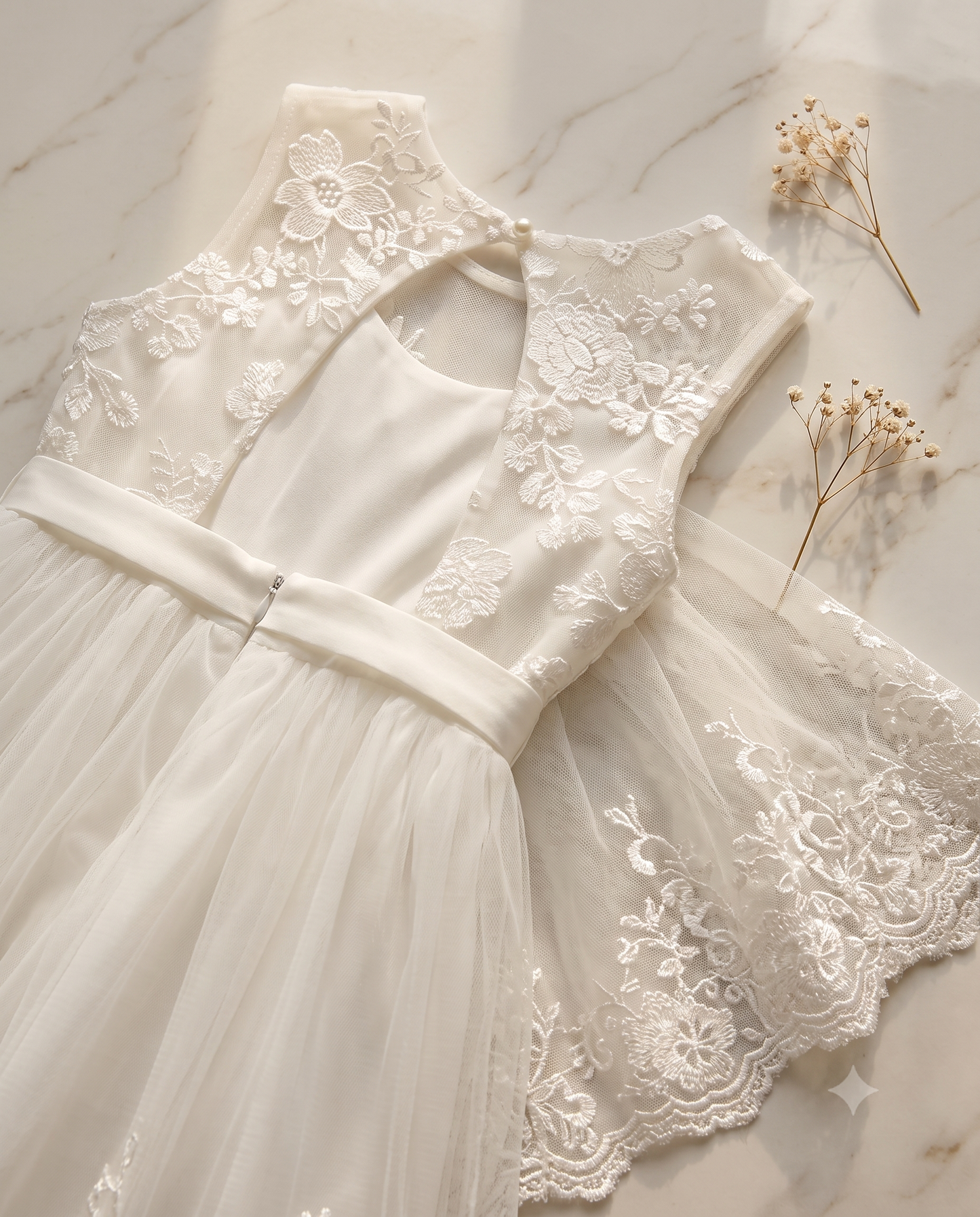 Flat lay detail shot showing the premium floral lace embroidery, hidden zipper, and pearl button on the dress.