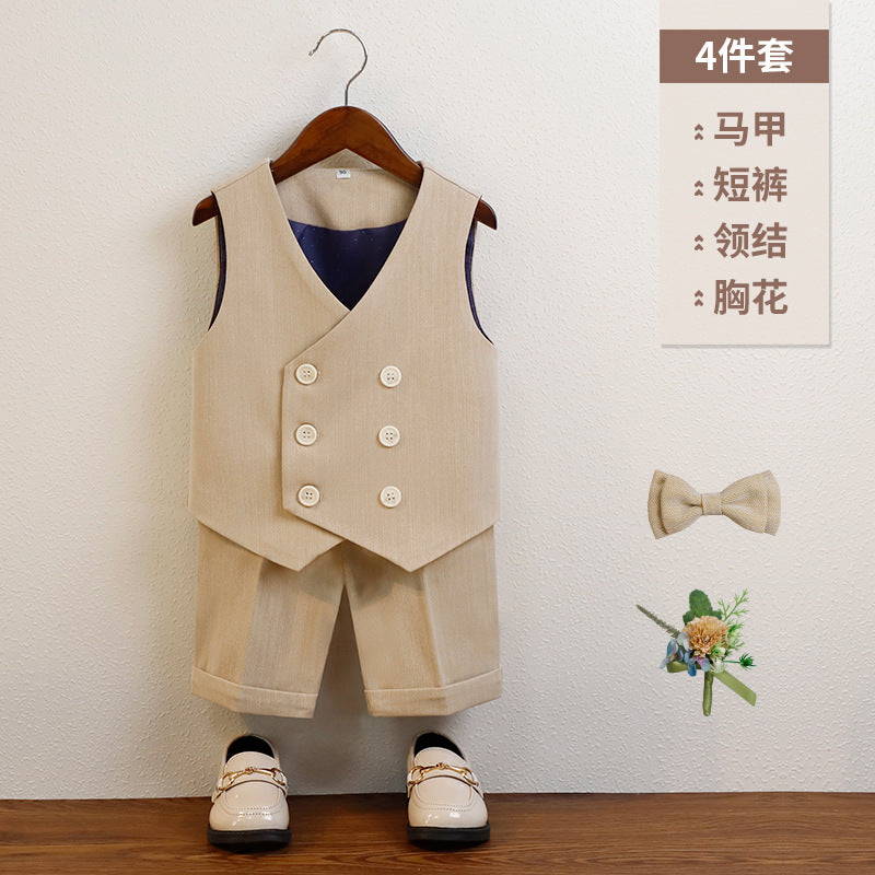 Boys Beige Vest & Shorts 5-Piece Wedding Outfit Set – Cotton Shirt, Bow Tie & Boutonniere