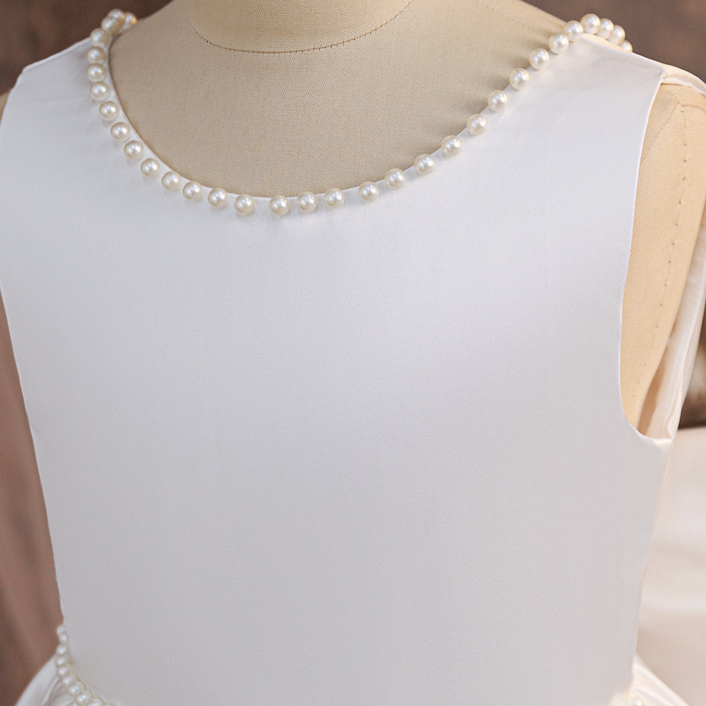 Ivory Satin Pearl-Trim V-Back Flower Girl Dress with Oversized Bow