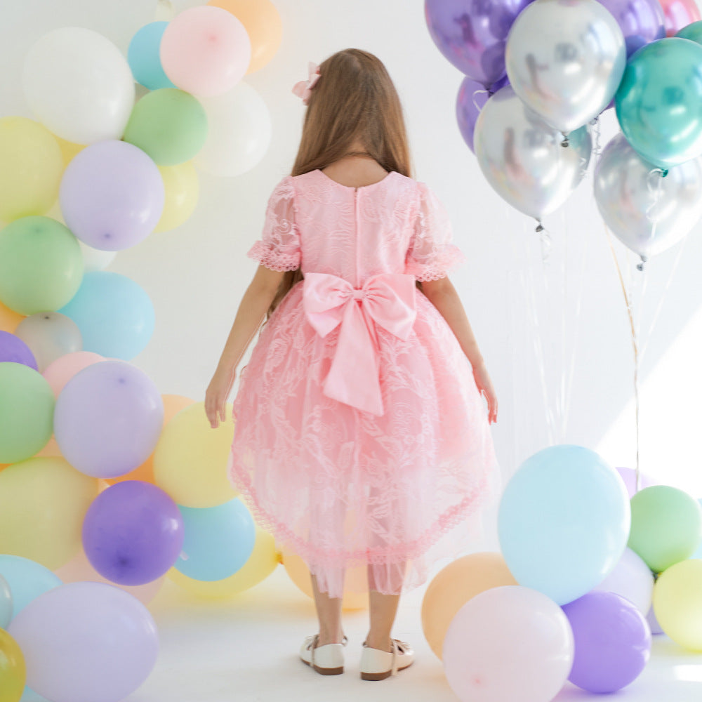 Pink Lace High-Low Flower Girl Dress with Back Bow | Lightweight Ceremony