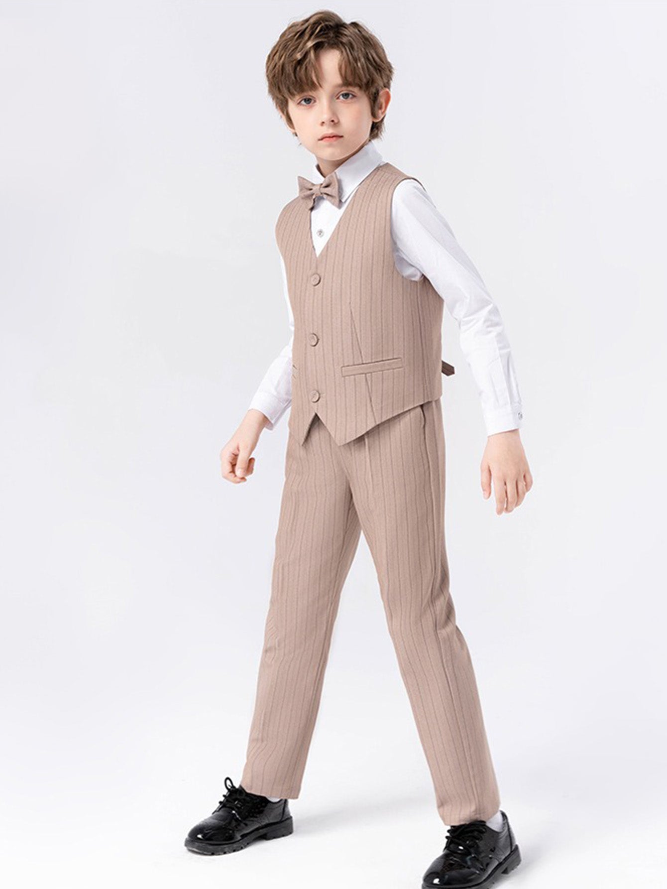Boys Tonal Pinstripe Vest Set (5-Piece) – Ring Bearer & Beach Wedding Outfit