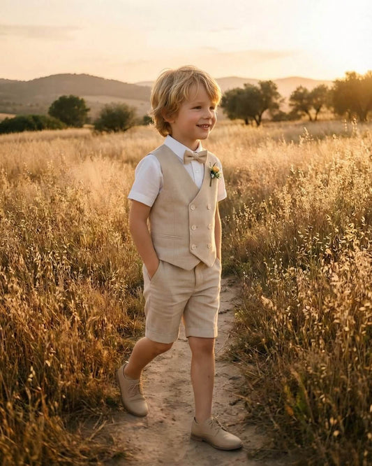 Rustic Khaki-Handsome little boy walking confidently in a golden wheat field, wearing a premium khaki linen-blend summer page boy suit with shorts.