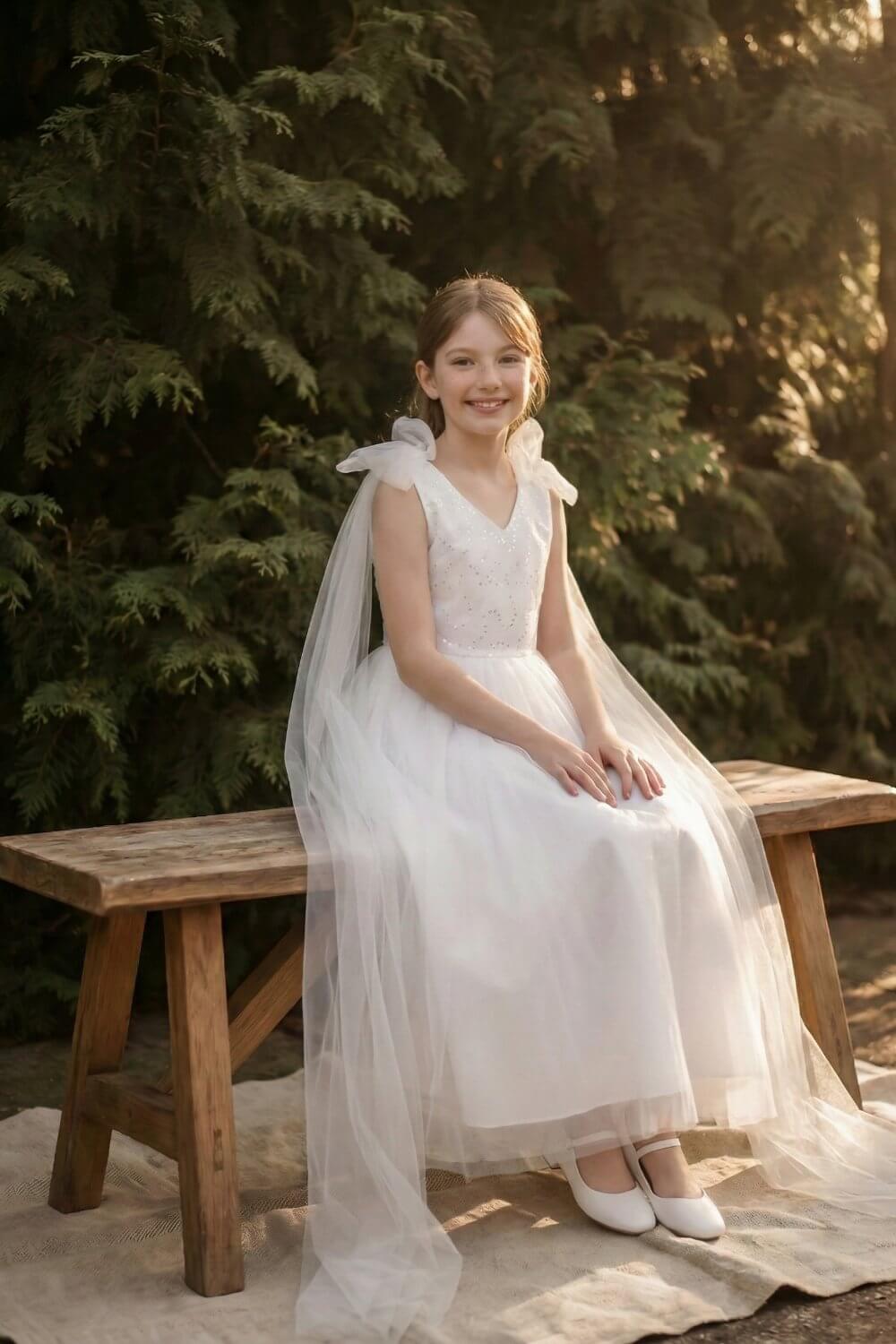 Smiling flower girl sitting on a wooden bench outdoors, wearing an ivory white sequin dress with a flowing tulle cape in a rustic wedding setting.