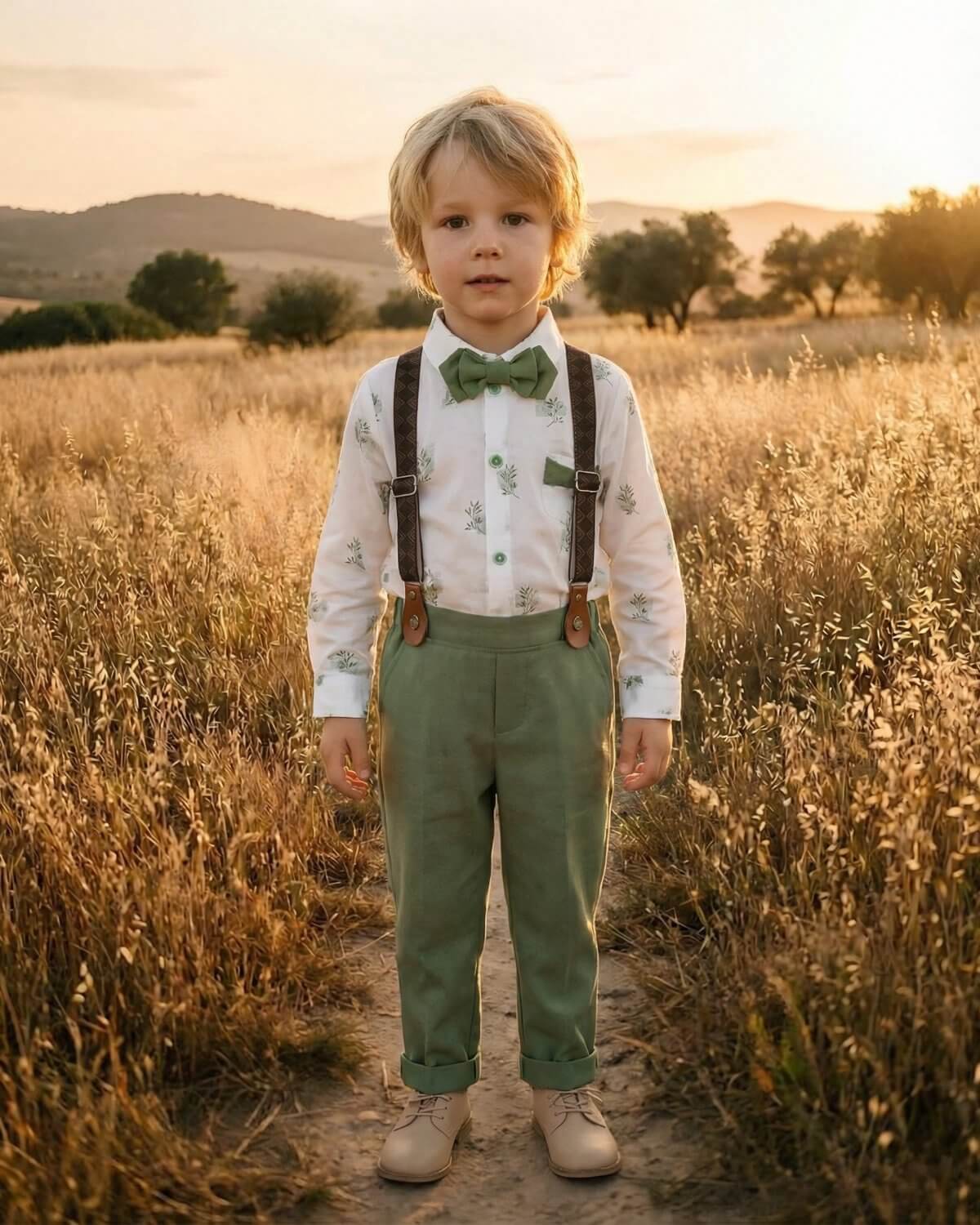 Front view of a young page boy wearing a sage green suspender pants and printed shirt set for rustic weddings, designed for toddlers and boys ages 1-7