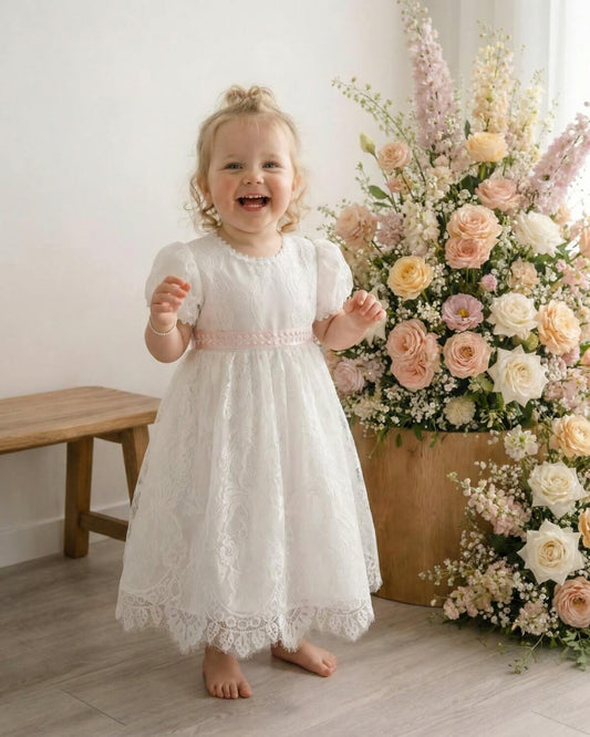 The "Juliette" | Ivory Floral Lace Flower Girl Dress with Blush Sash