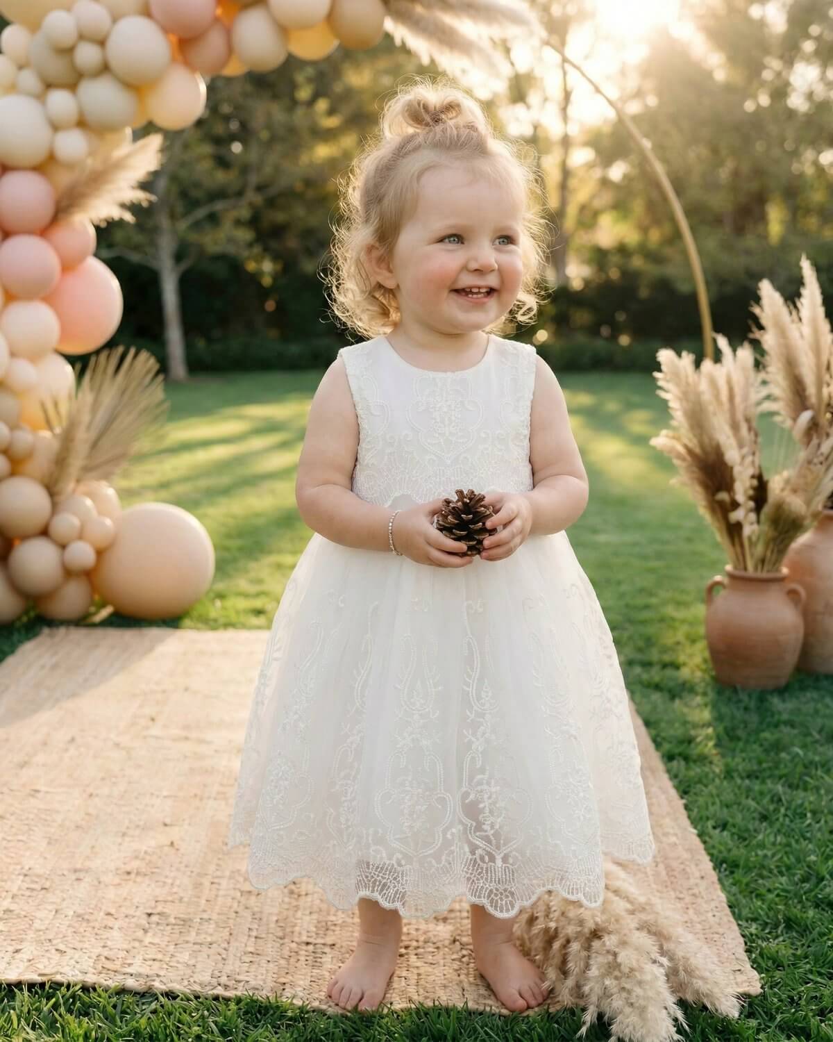 Toddler girl smiling in Pearl Ivory Embroidered Lace & Tulle Party Dress at an outdoor garden wedding party with balloon arch backdrop