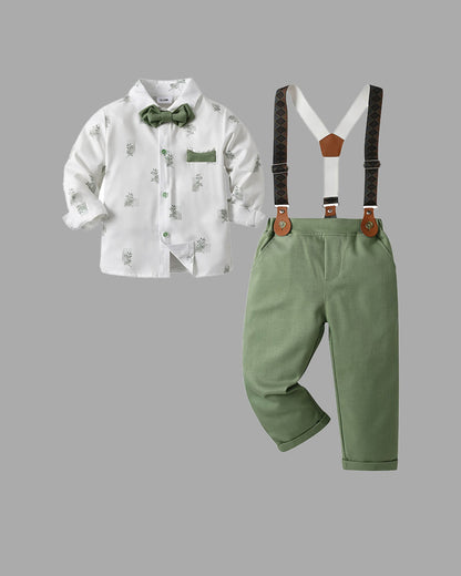 Complete 4-piece boys formal set featuring a white botanical print shirt, sage green trousers, vintage suspenders, and matching bow tie