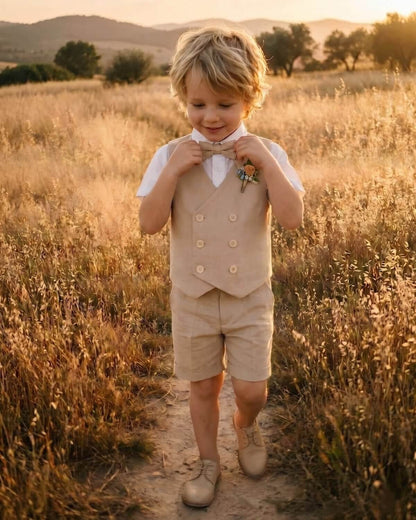 Cute page boy adjusting his bow tie in a wheat field, wearing a stylish khaki vest and shorts set.