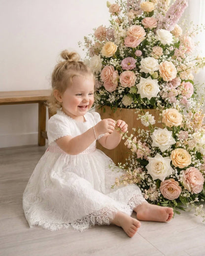 Ivory Floral Lace Flower Girl Dress with Blush Sash|The Juliette