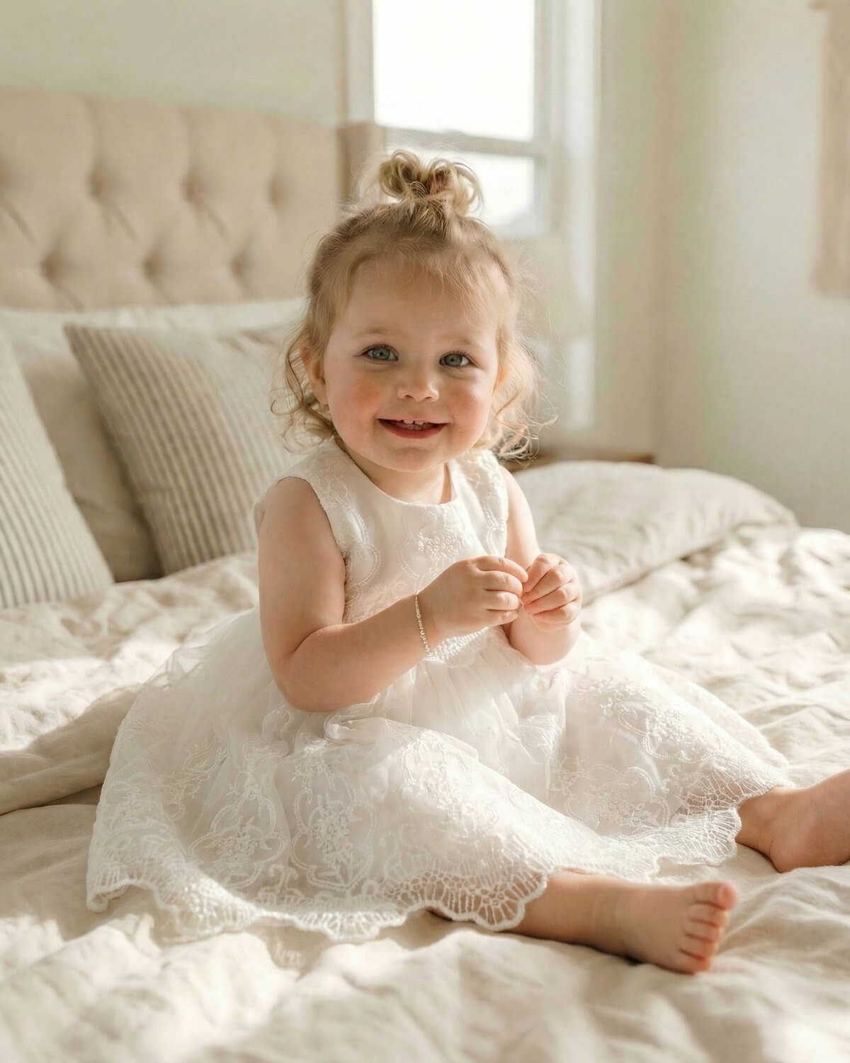 Smiling toddler girl sitting on a beige linen bed wearing premium ivory embroidered lace party dress for weddings