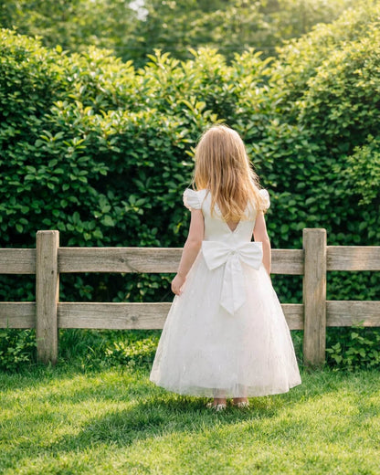 A little flower girl standing in a garden wearing an ivory white minimalist dress with pearl waist details and flutter sleeves.