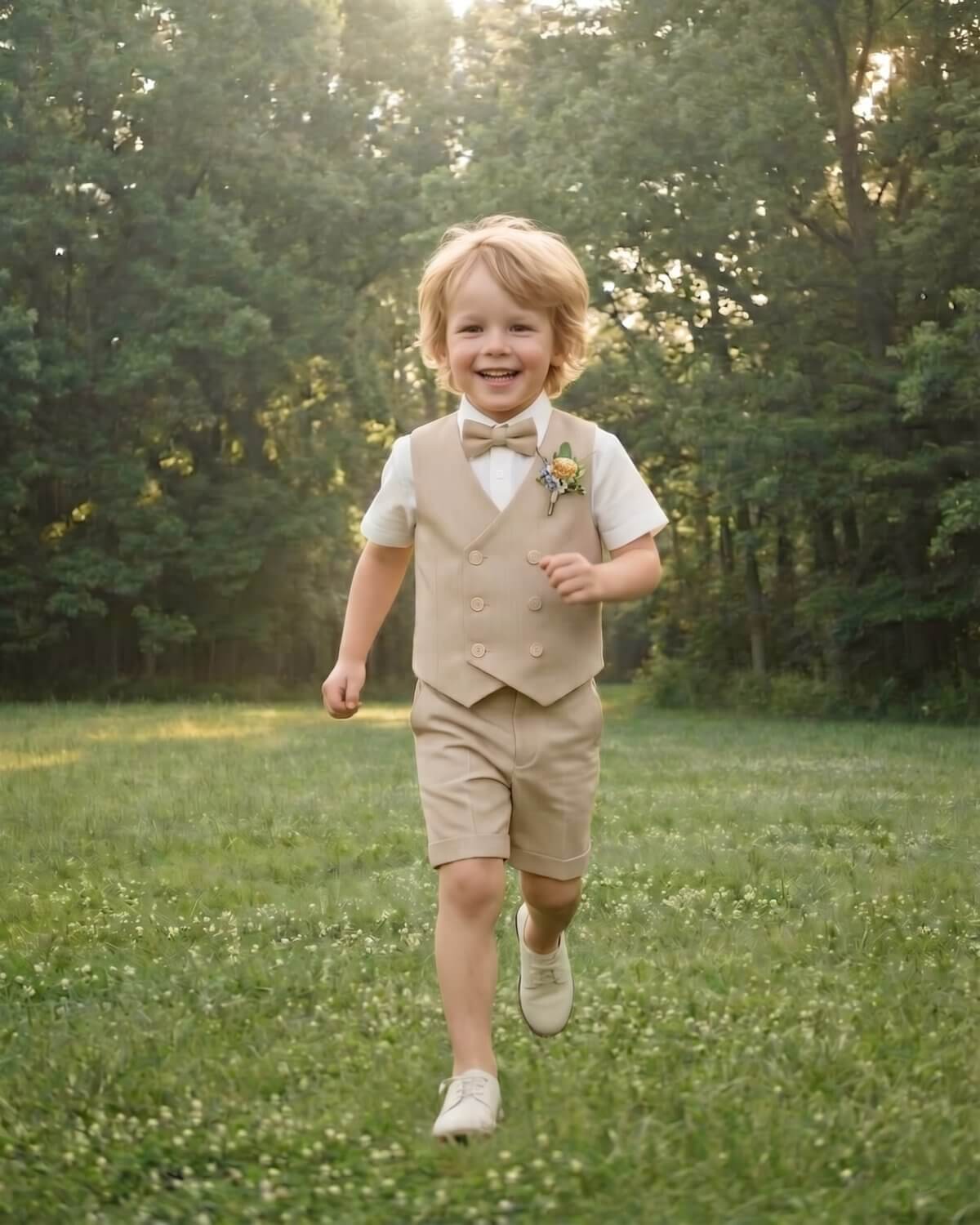 Happy little boy running freely in a green forest park, showcasing the comfort and breathability of the beige summer suit for kids.