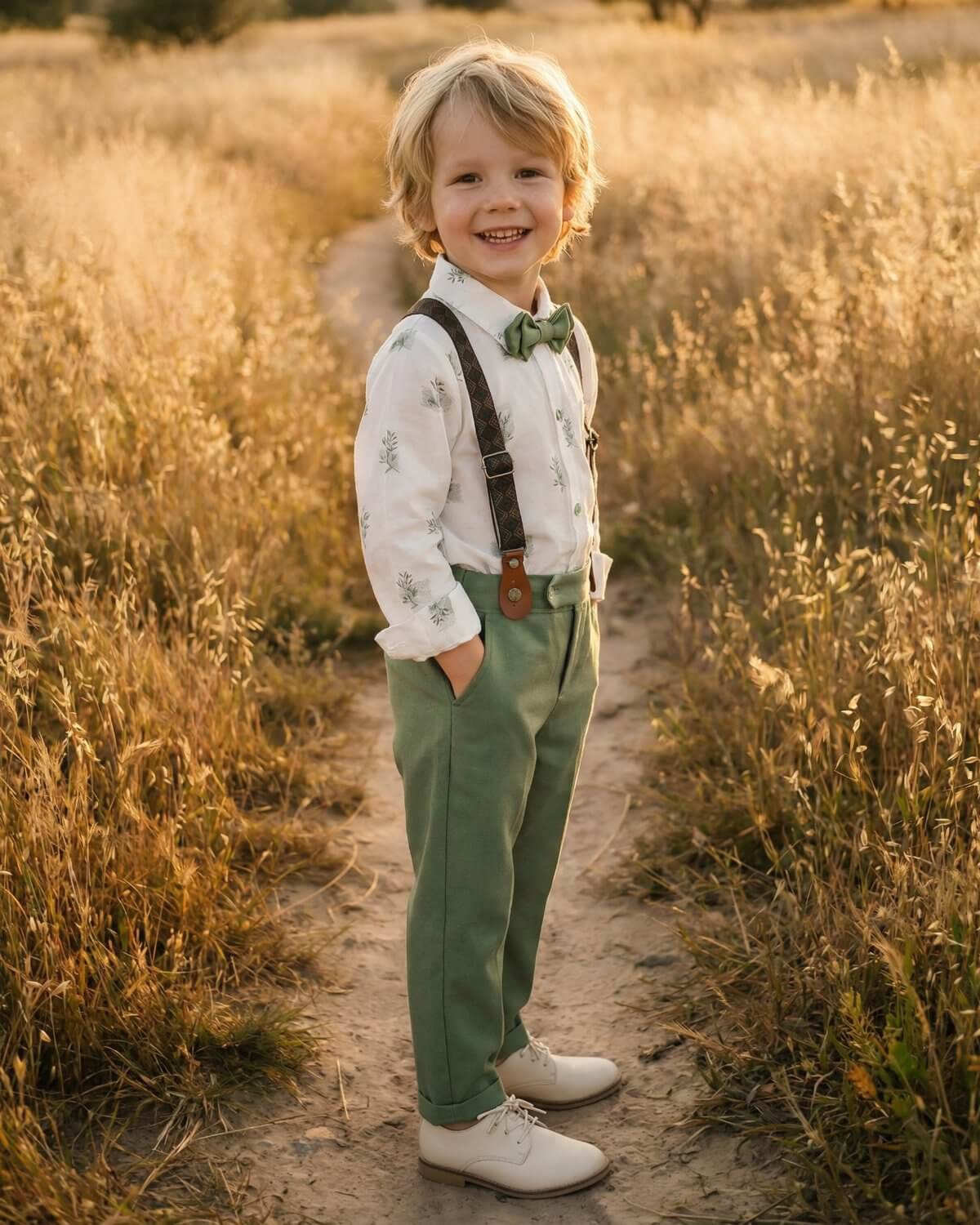 Side view of a little ring bearer standing in a field wearing tailored sage green formal pants with vintage suspenders