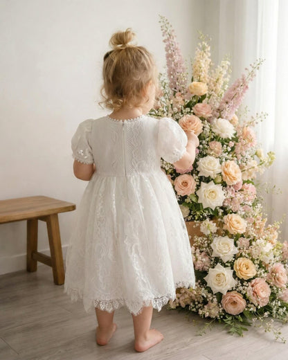Ivory Floral Lace Flower Girl Dress with Blush Sash|The Juliette