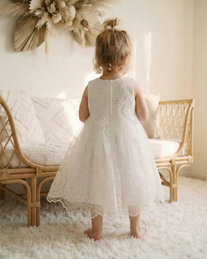 Back view of toddler girls ivory lace and tulle flower girl dress showcasing the elegant sheer back design and A-line silhouette