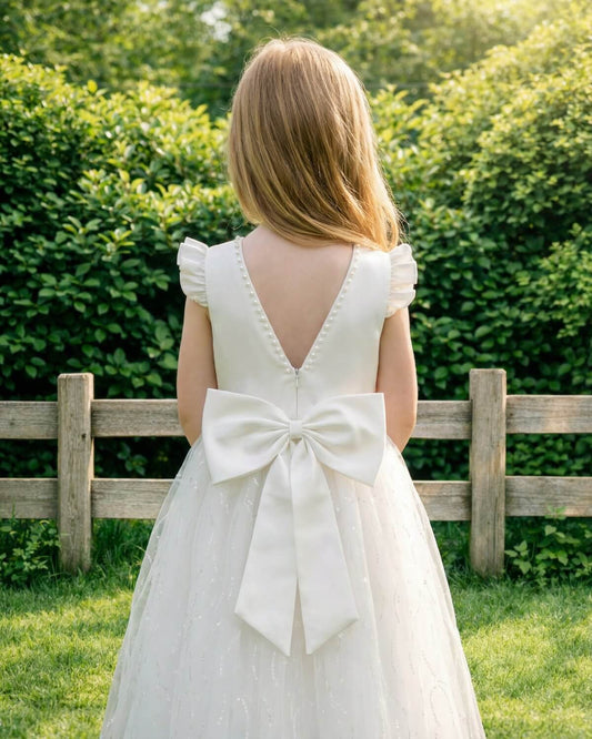 Back view of an ivory white flower girl dress showing a deep V-back with pearl trim and a large satin bow.