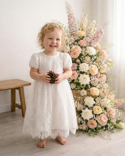 Ivory Floral Lace Flower Girl Dress with Blush Sash|The Juliette