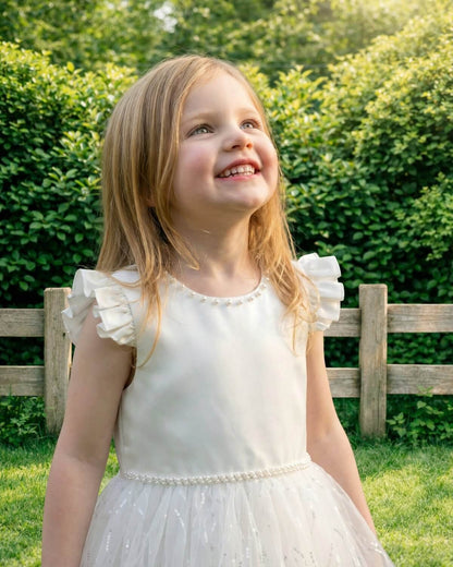 Macro detail of an ivory white flower girl dress showing the pearl beaded waistline and sequin starry patterns on the tulle skirt.