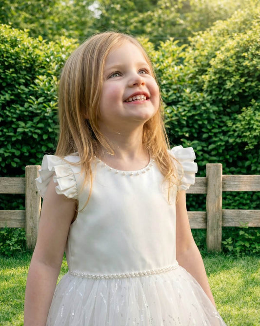 Macro detail of an ivory white flower girl dress showing the pearl beaded waistline and sequin starry patterns on the tulle skirt.
