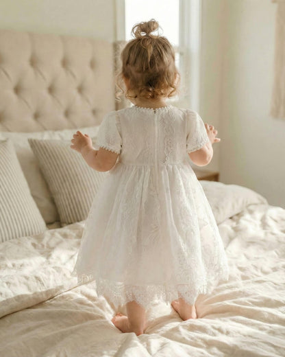 Ivory Floral Lace Flower Girl Dress with Blush Sash|The Juliette