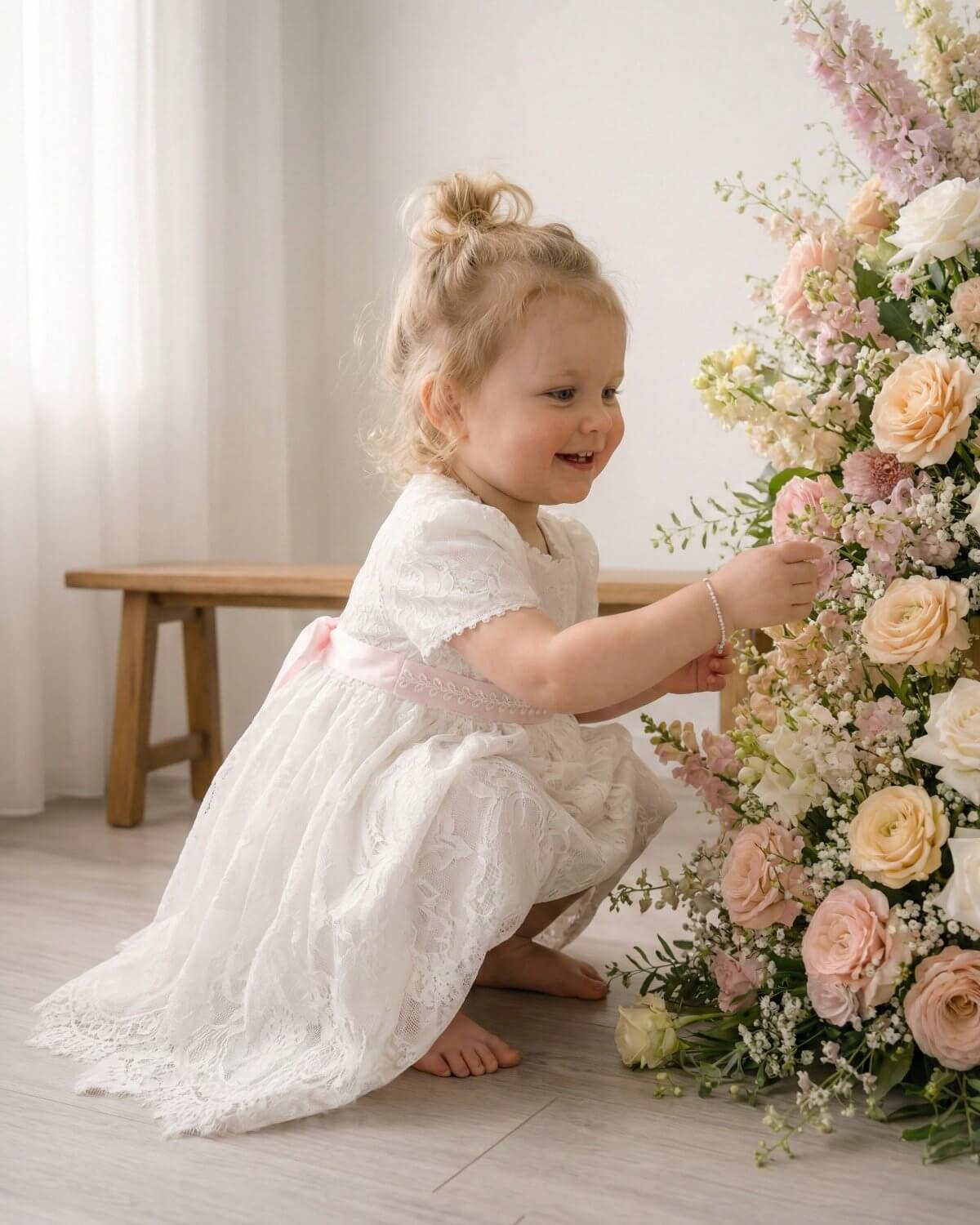 Ivory Floral Lace Flower Girl Dress with Blush Sash|The Juliette