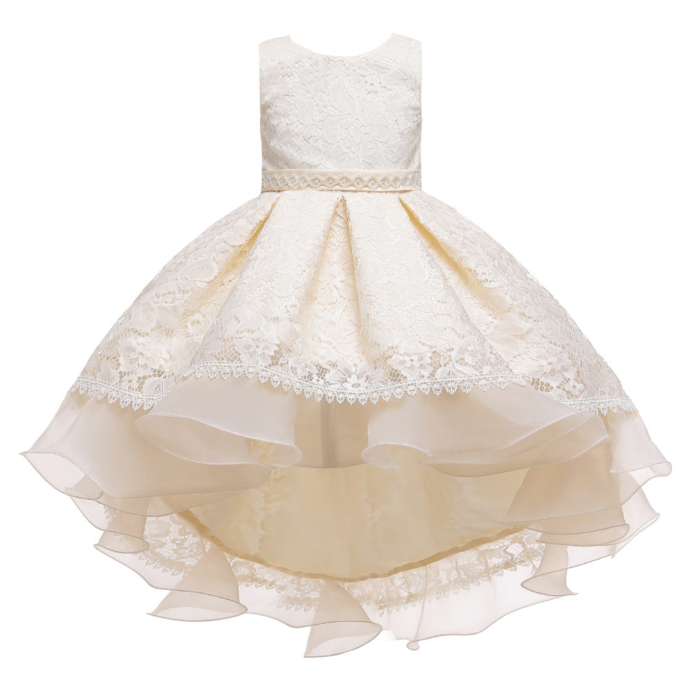 Royal Blue Lace Hi-Low Party Dress for Girls – Hand-Beaded Waist & Lace-Up Bow Back