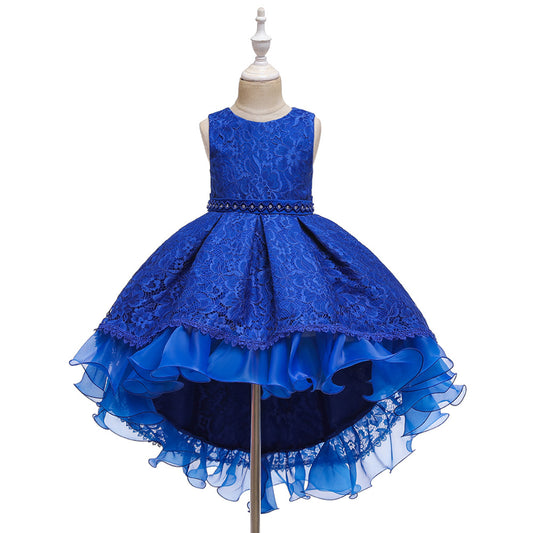 Royal Blue Lace Hi-Low Party Dress for Girls – Hand-Beaded Waist & Lace-Up Bow Back