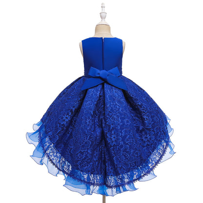 Royal Blue Lace Hi-Low Party Dress for Girls – Hand-Beaded Waist & Lace-Up Bow Back