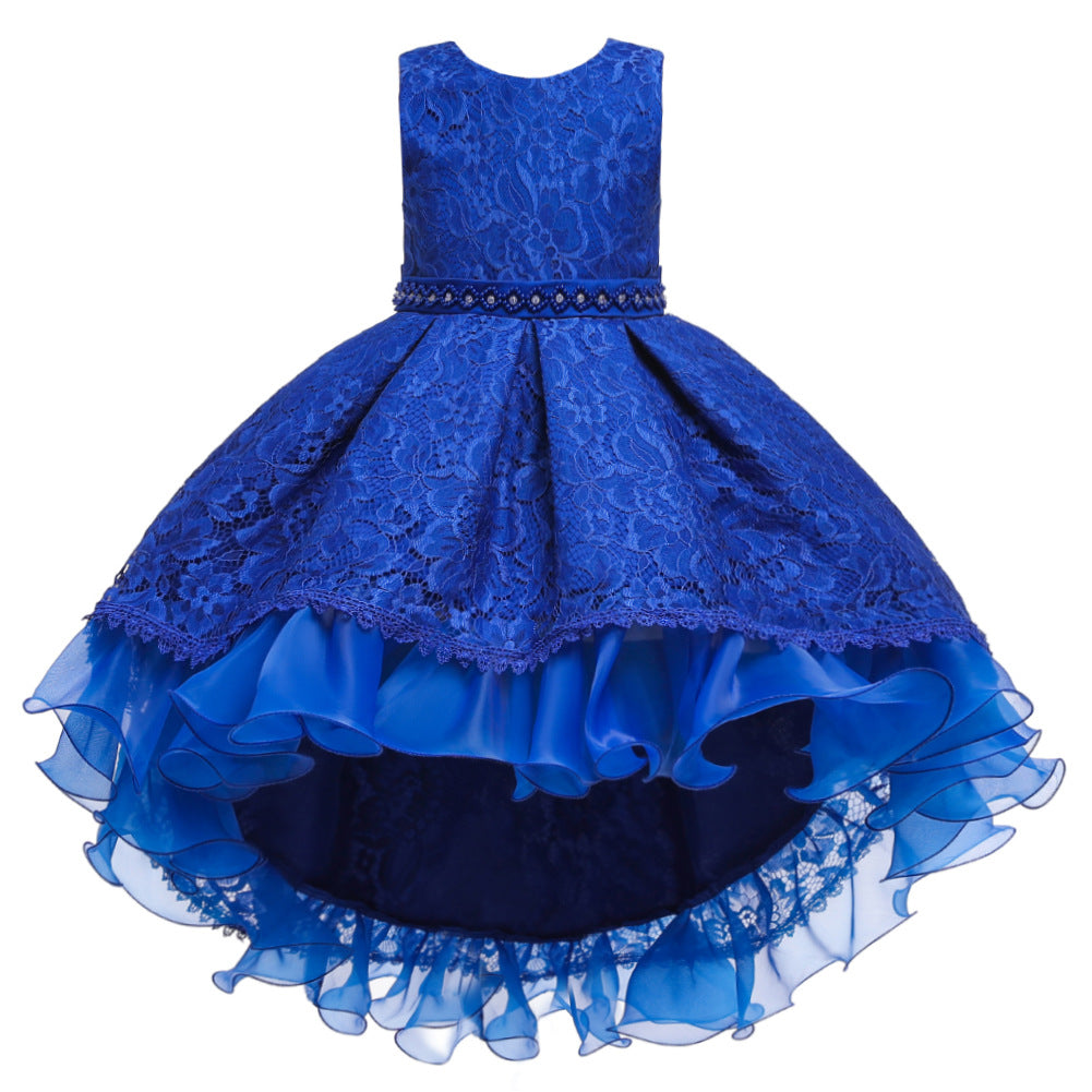 Royal Blue Lace Hi-Low Party Dress for Girls – Hand-Beaded Waist & Lace-Up Bow Back