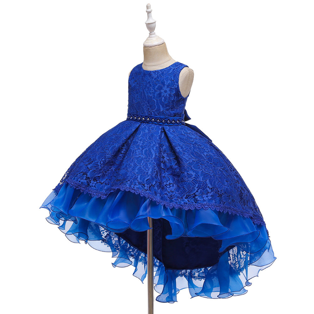 Royal Blue Lace Hi-Low Party Dress for Girls – Hand-Beaded Waist & Lace-Up Bow Back