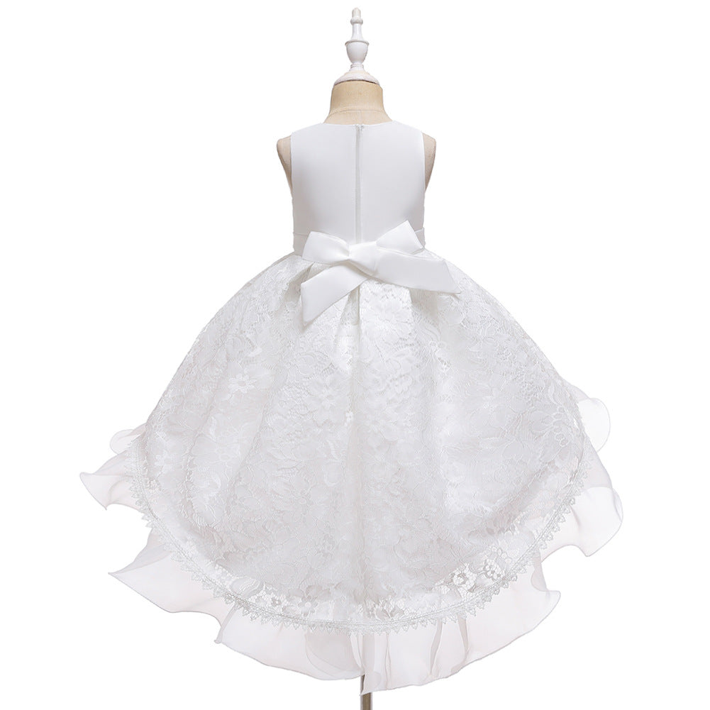 Royal Blue Lace Hi-Low Party Dress for Girls – Hand-Beaded Waist & Lace-Up Bow Back