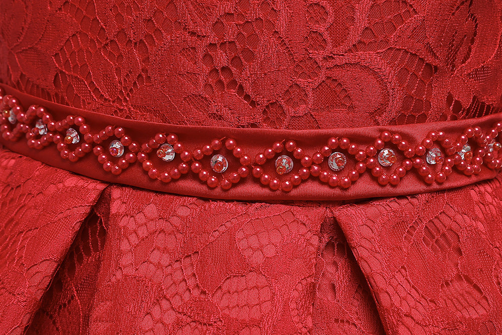 Royal Blue Lace Hi-Low Party Dress for Girls – Hand-Beaded Waist & Lace-Up Bow Back