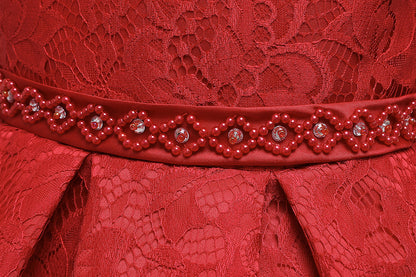 Royal Blue Lace Hi-Low Party Dress for Girls – Hand-Beaded Waist & Lace-Up Bow Back