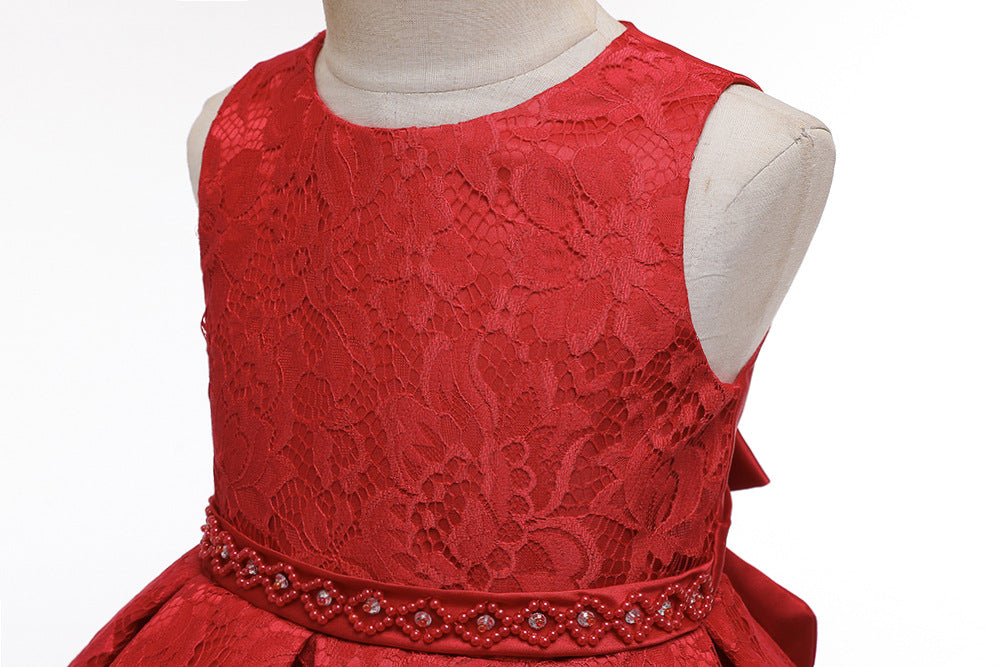 Royal Blue Lace Hi-Low Party Dress for Girls – Hand-Beaded Waist & Lace-Up Bow Back