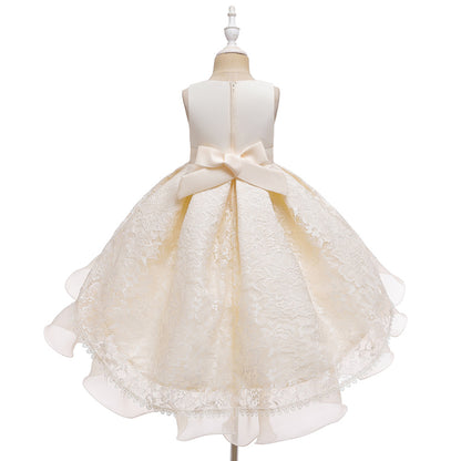 Royal Blue Lace Hi-Low Party Dress for Girls – Hand-Beaded Waist & Lace-Up Bow Back