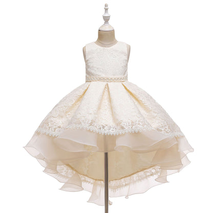 Royal Blue Lace Hi-Low Party Dress for Girls – Hand-Beaded Waist & Lace-Up Bow Back