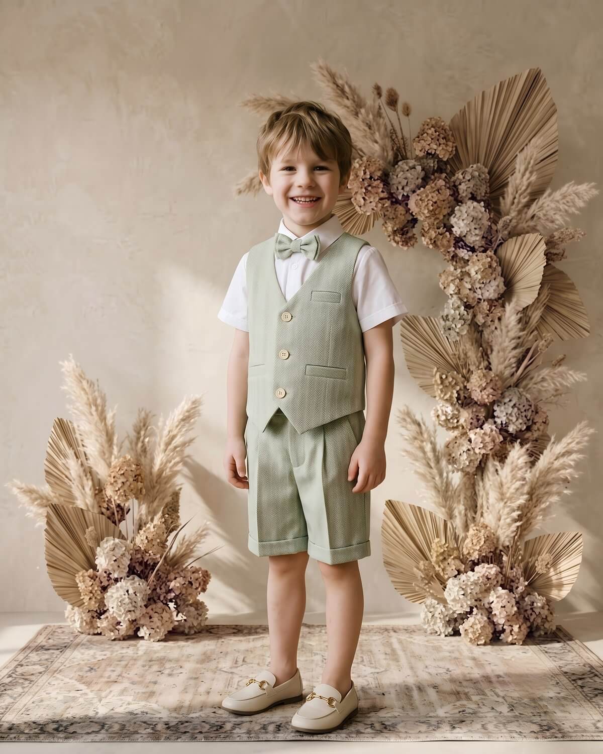 Smiling young boy wearing a sage green herringbone vest and shorts suit set for summer weddings.