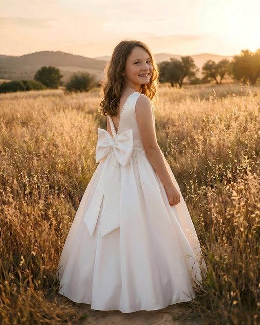 The Grace minimalist satin A-line flower girl dress for big girls and tweens featuring a dramatic V-back and large bow at sunset by Little Ivory