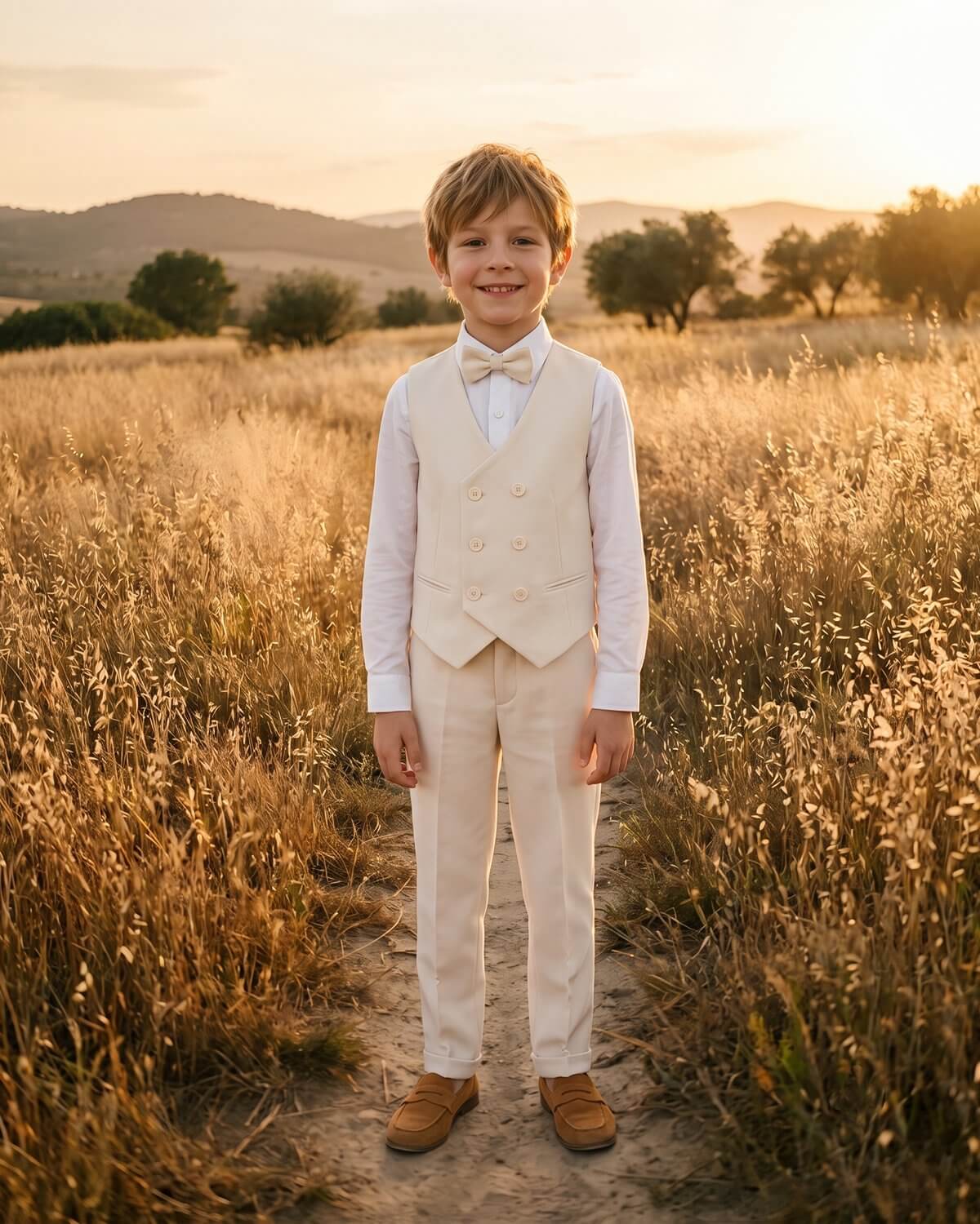 Smiling page boy standing in a golden field wearing an oatmeal 4-piece double-breasted vest set for a rustic wedding.