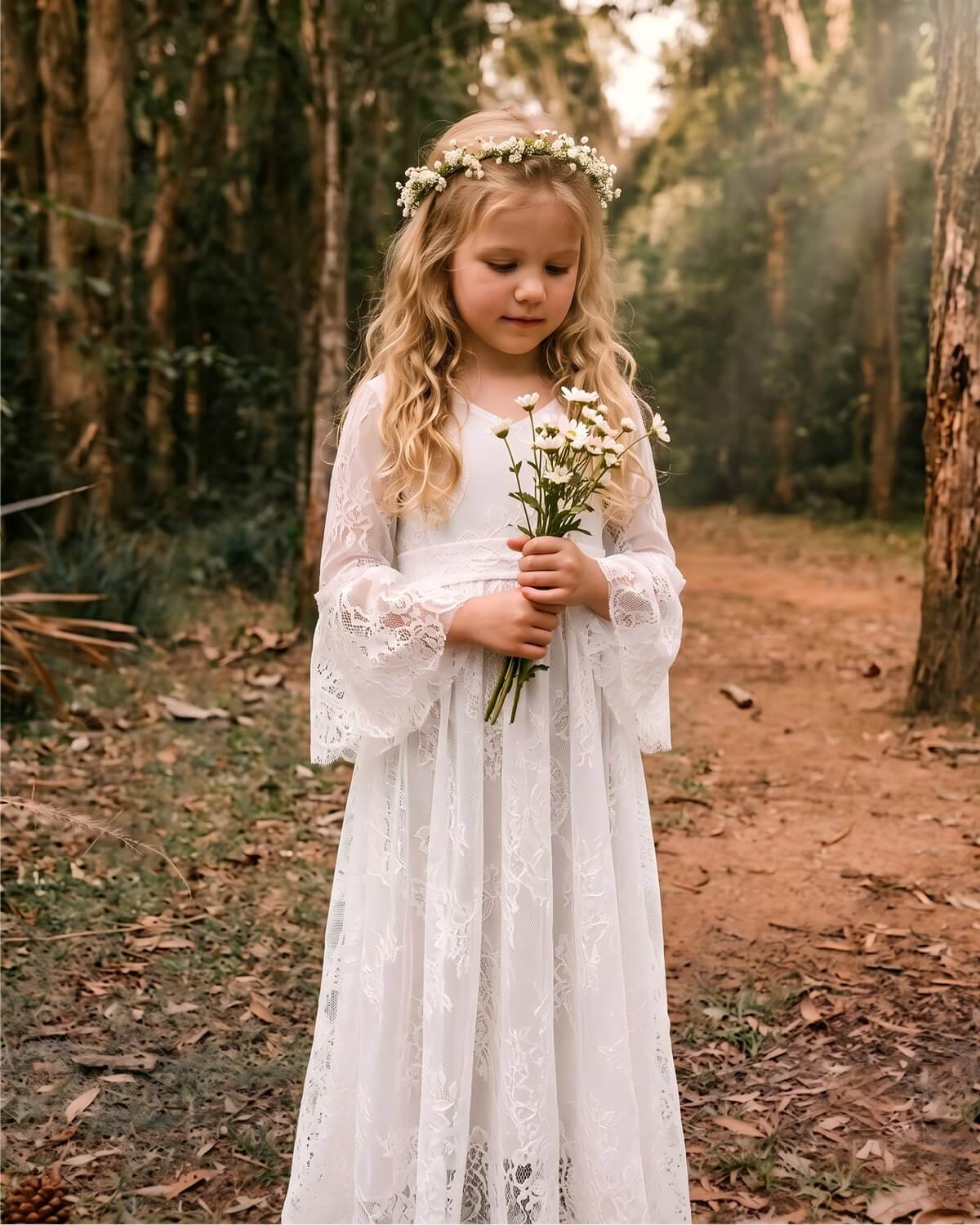 A sweet flower girl holding a white bouquet, wearing a vintage V-neck lace maxi dress with a floral crown.