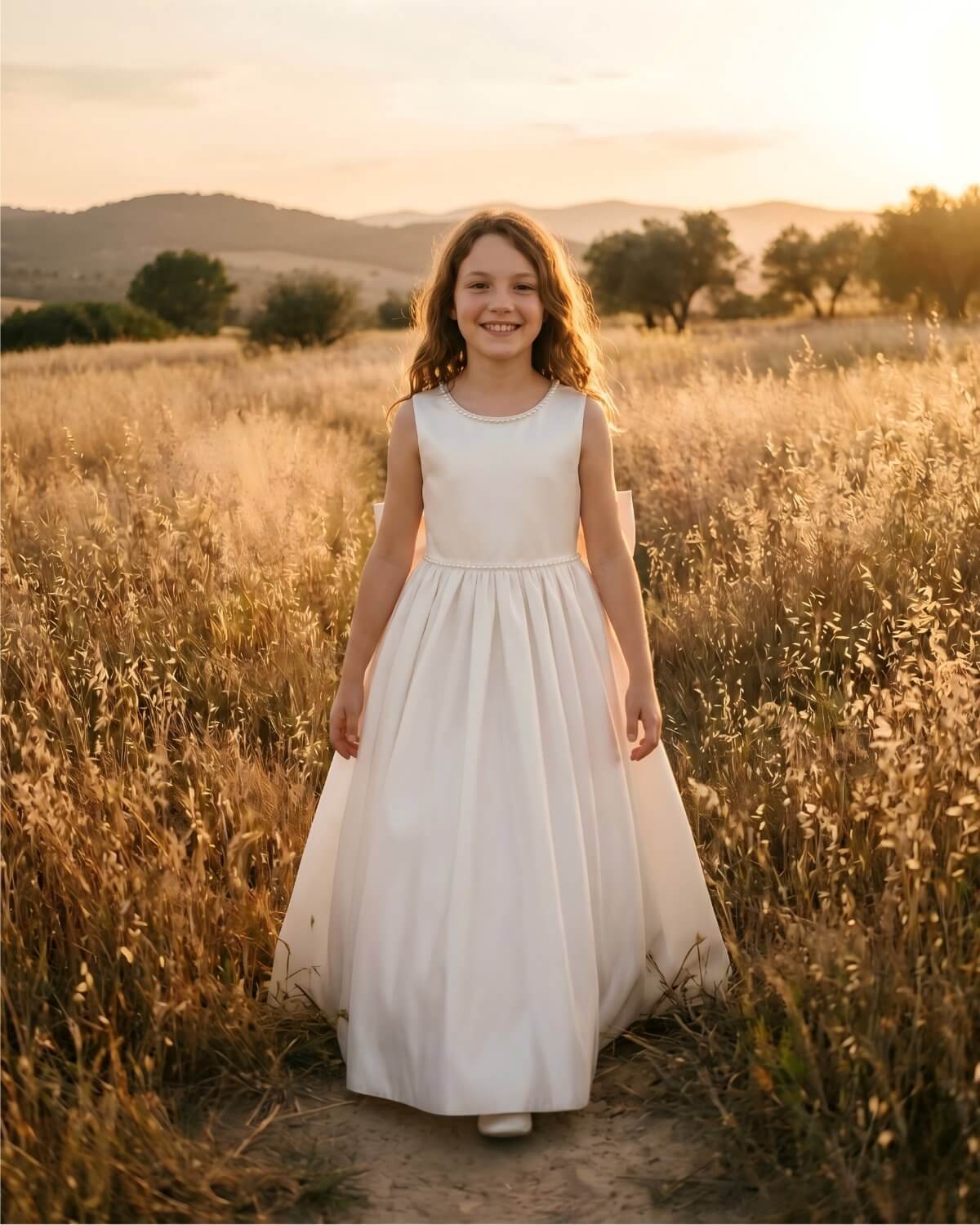 Front view of Little Ivory The Grace ivory satin A line flower girl gown walking in a sunset field