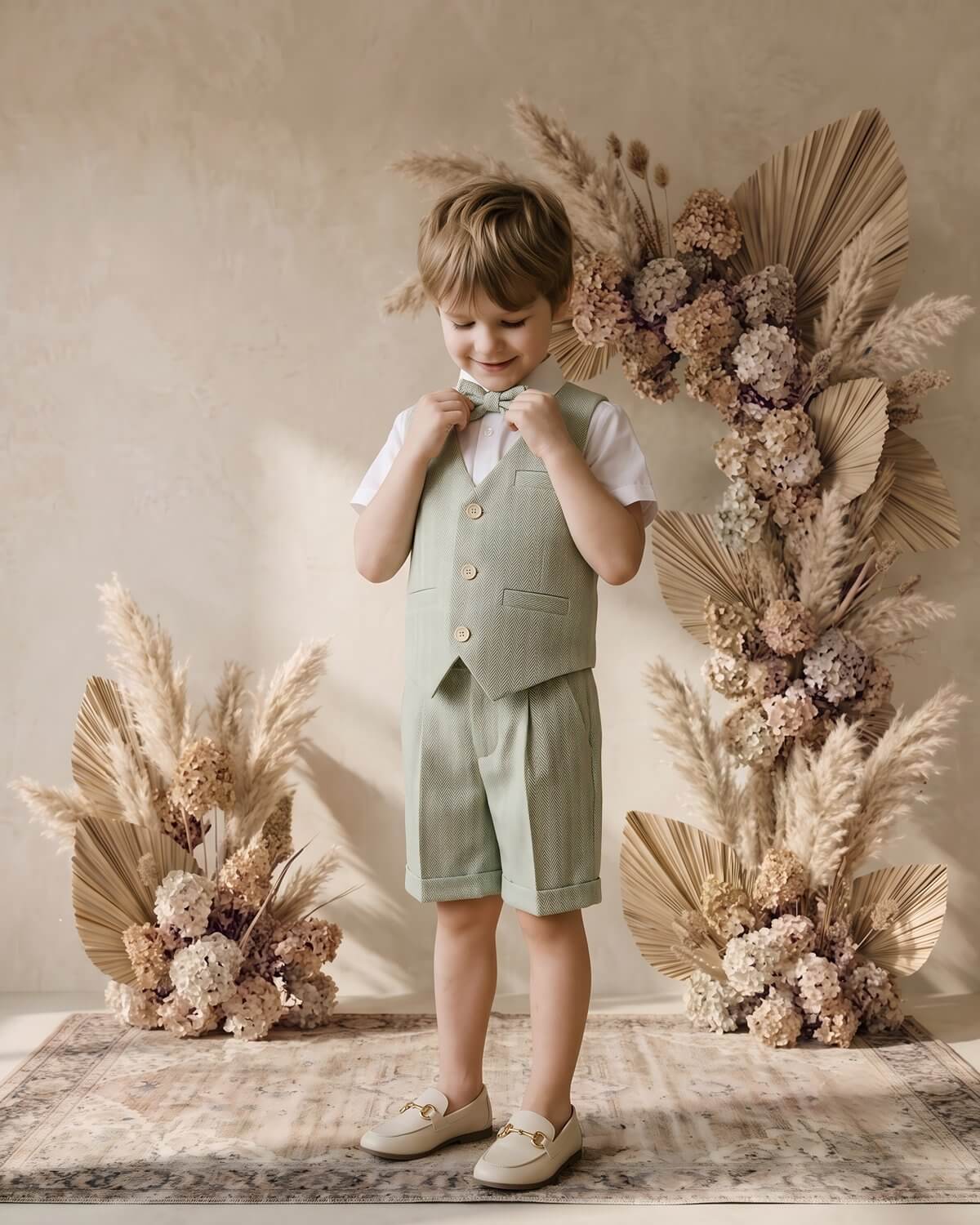 oddler boy adjusting his bow tie, wearing a 4-piece sage green formal suit in a rustic floral setting.