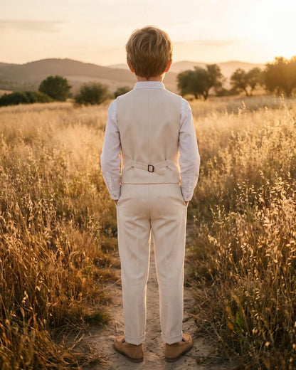 Back view of the boys tailored oatmeal vest and trousers in a sunlit grassy field.