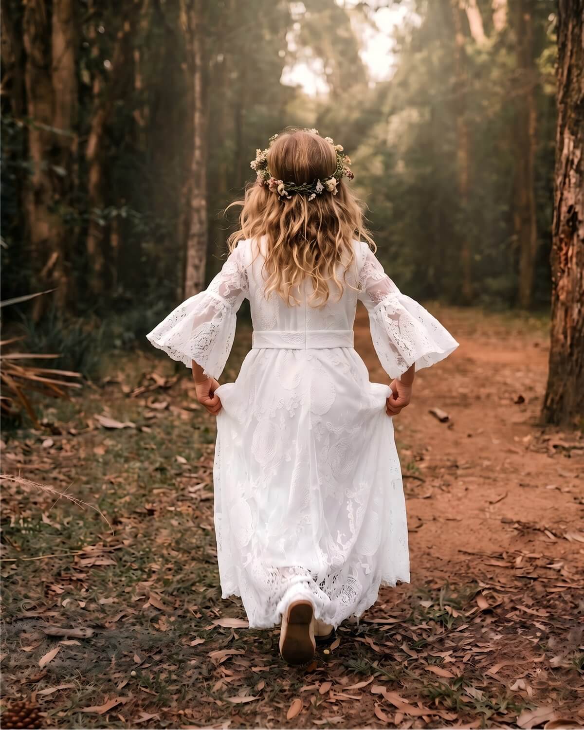 Back view of a girl running in the woods wearing a white tiered lace bohemian flower girl dress.
