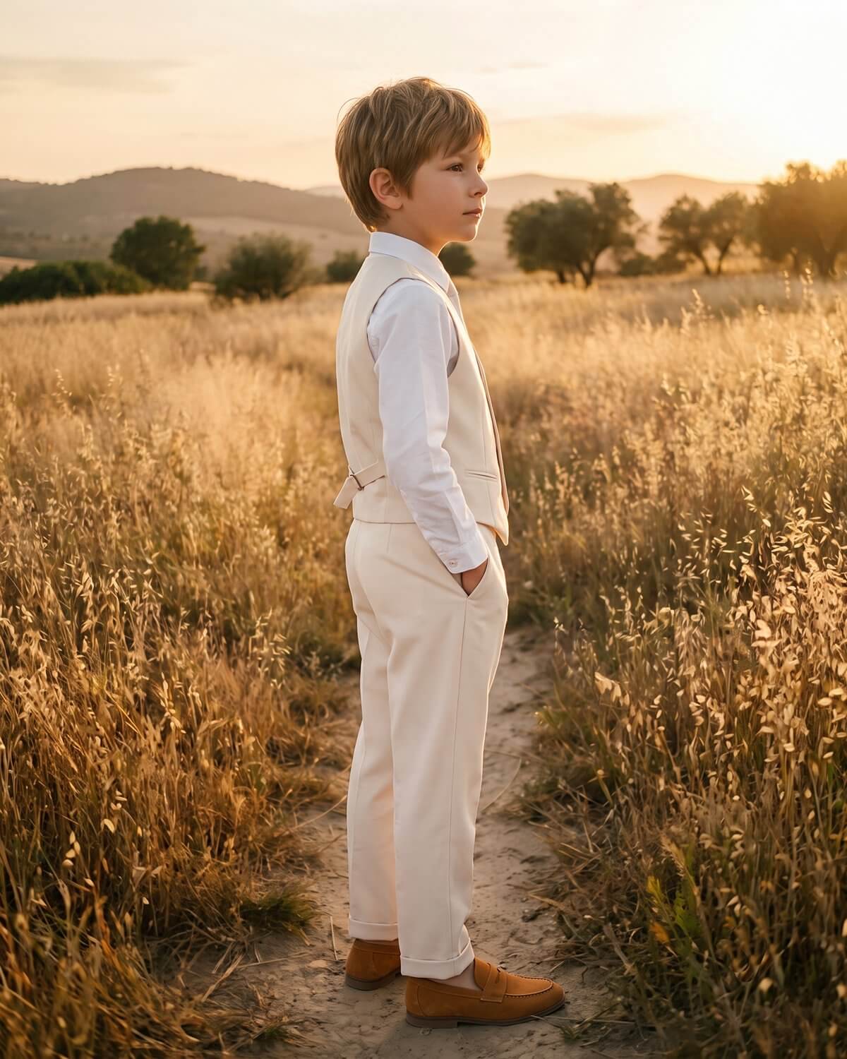 Side profile of a young boy wearing a premium oatmeal formal vest and cuffed trousers for a summer outdoor wedding.