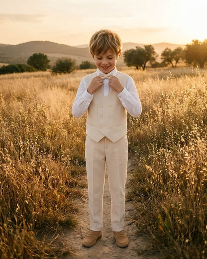 Cute young boy adjusting his matching bow tie while wearing a premium oatmeal double-breasted vest set.