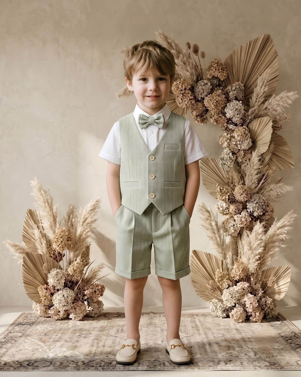 Confident boy with hands in pockets modeling a stylish sage green herringbone suit with loafers.
