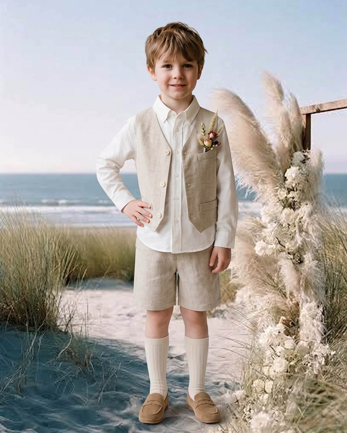 Boys 3-Piece Linen Lyocell Vest & Shorts Suit Set with Shirt for Beach Wedding|The Jasper Set